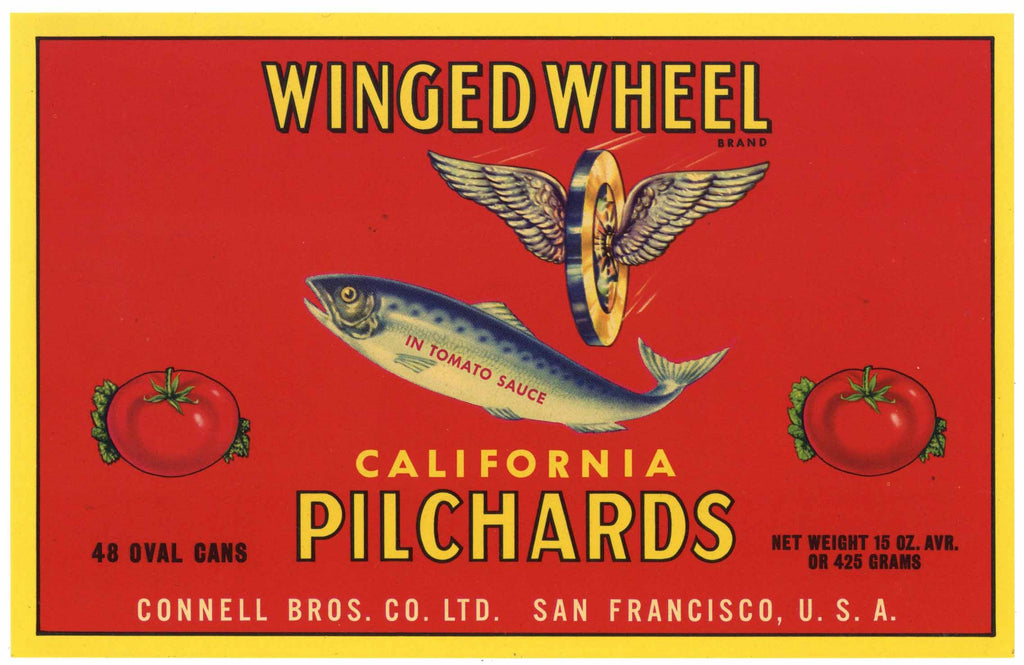 Winged Wheel Brand Vintage Pilchards Case End Can Label