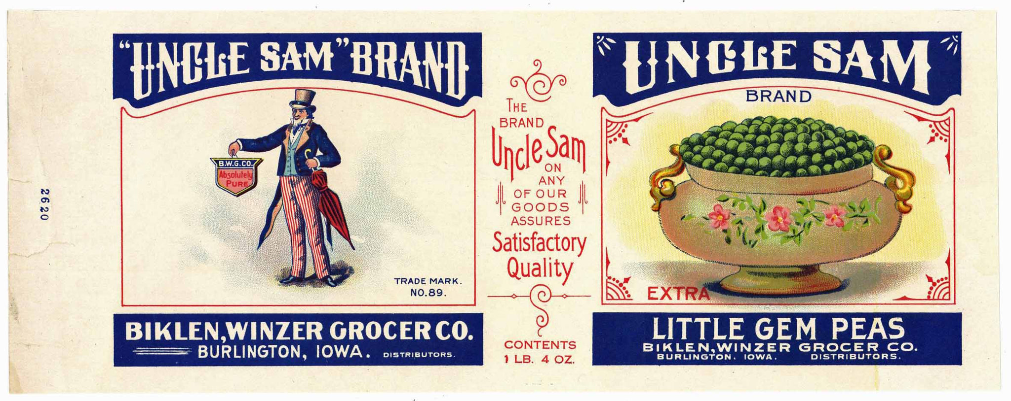 Uncle Sam Brand Vintage Burlington Iowa Little Gem Peas Can Label