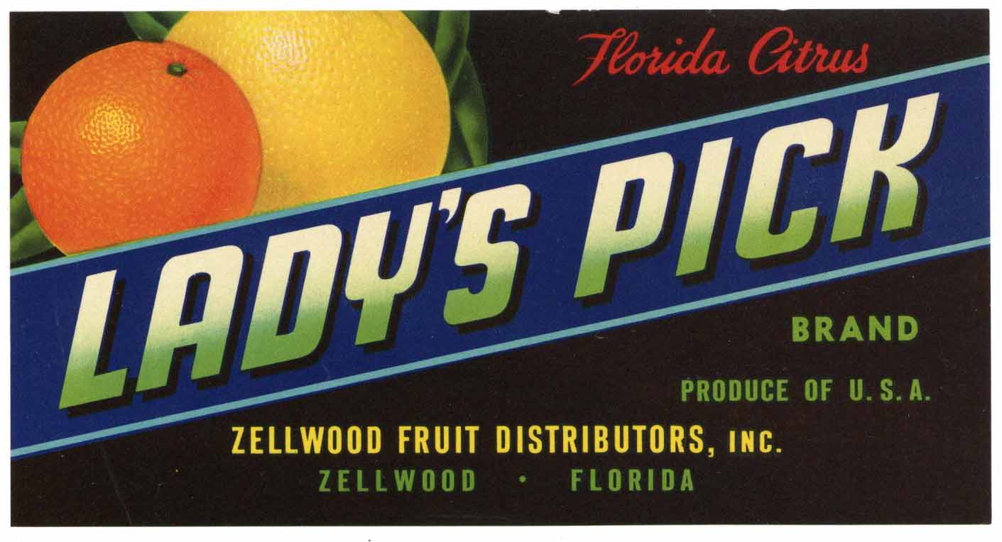 Lady's Pick Brand Vintage Zellwood Florida Citrus Crate Label