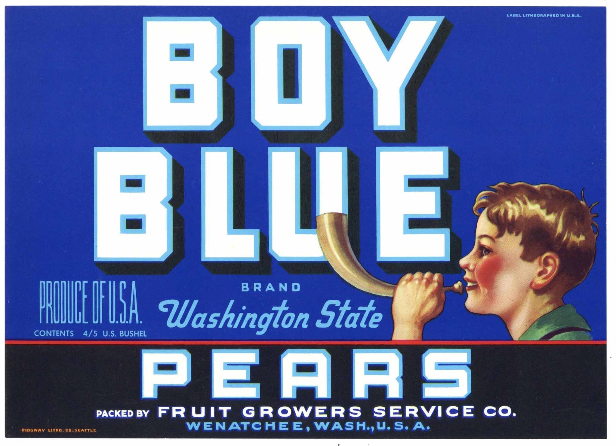 Boy Blue Brand Vintage Wenatchee Washington Pear Crate Label, blue