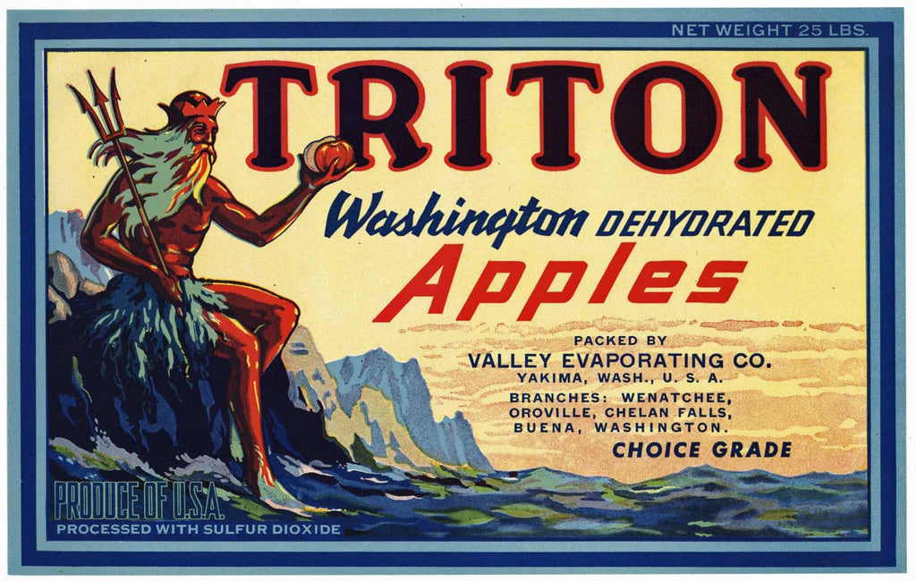 Triton Brand Vintage Washington Apple Crate Label, blue