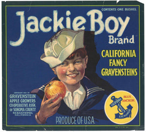 Jackie Boy Brand Vintage Sebastopol Sonoma County Apple Crate Label, blue anchor, damage