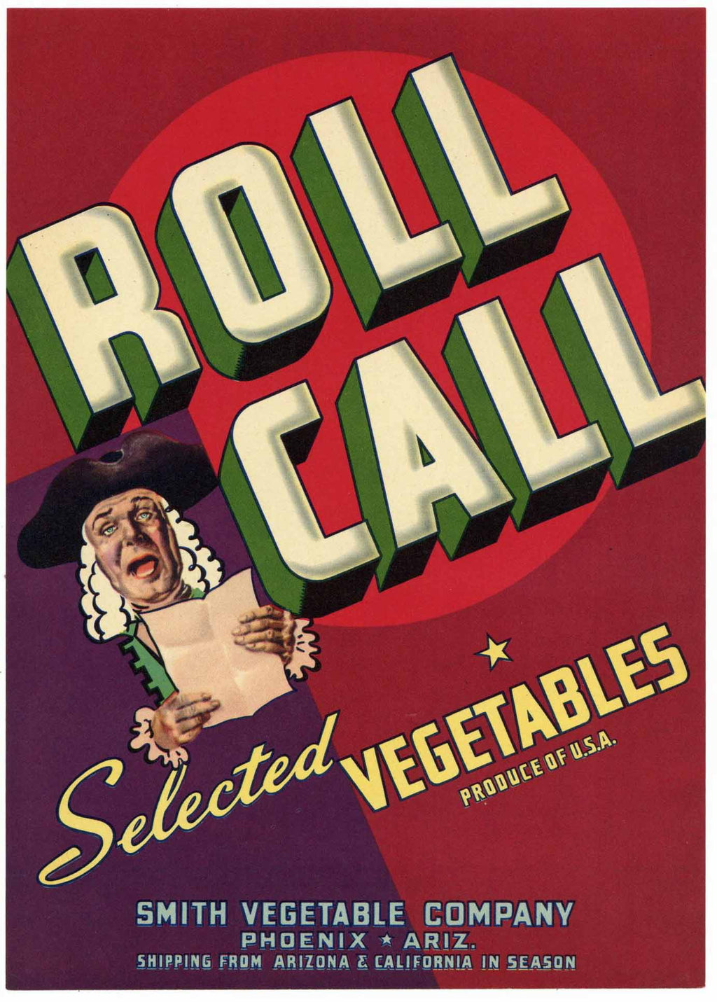 Roll Call Brand Vintage Phoenix Arizona Vegetable Crate Label