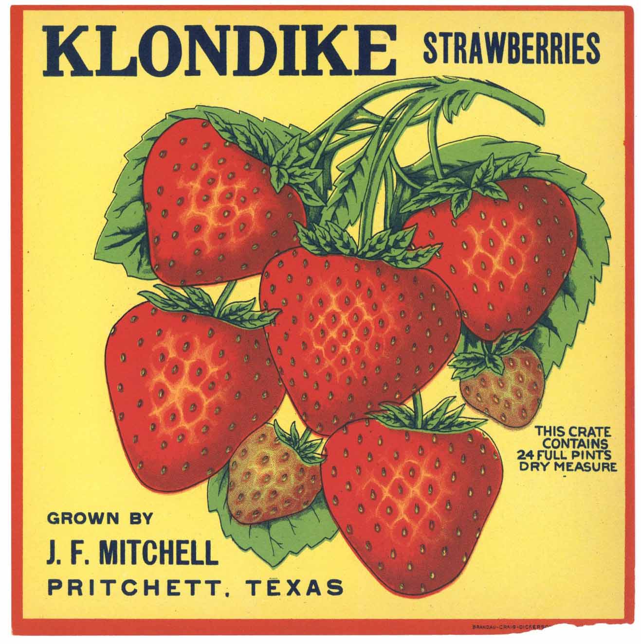 Klondike Brand Vintage Pritchett Texas Strawberry Crate Label