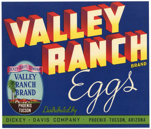 Valley Ranch Brand Vintage Phoenix Tuscon Arizona Egg Label, blue
