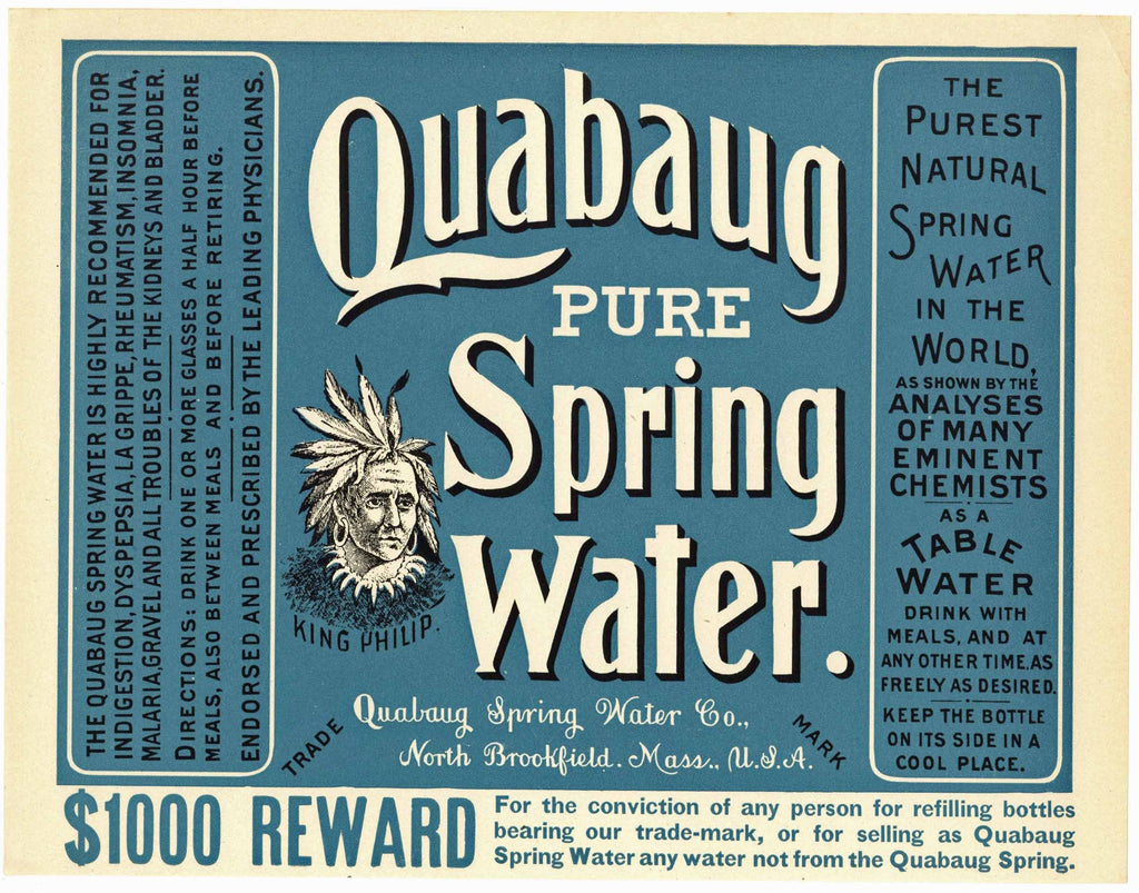 Quabaug Brand Vintage North Brookfield Massachusetts Water Case End Label