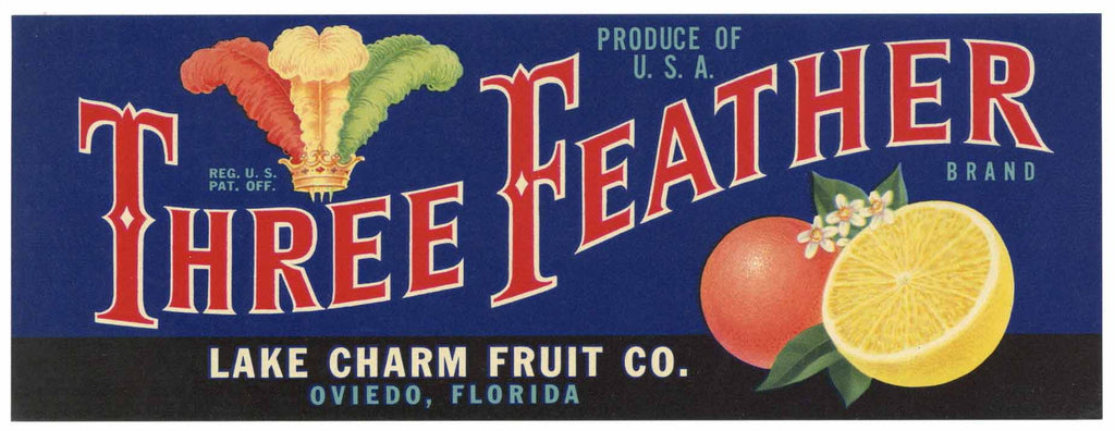 Three Feather Brand Vintage Oviedo Florida Citrus Crate Label
