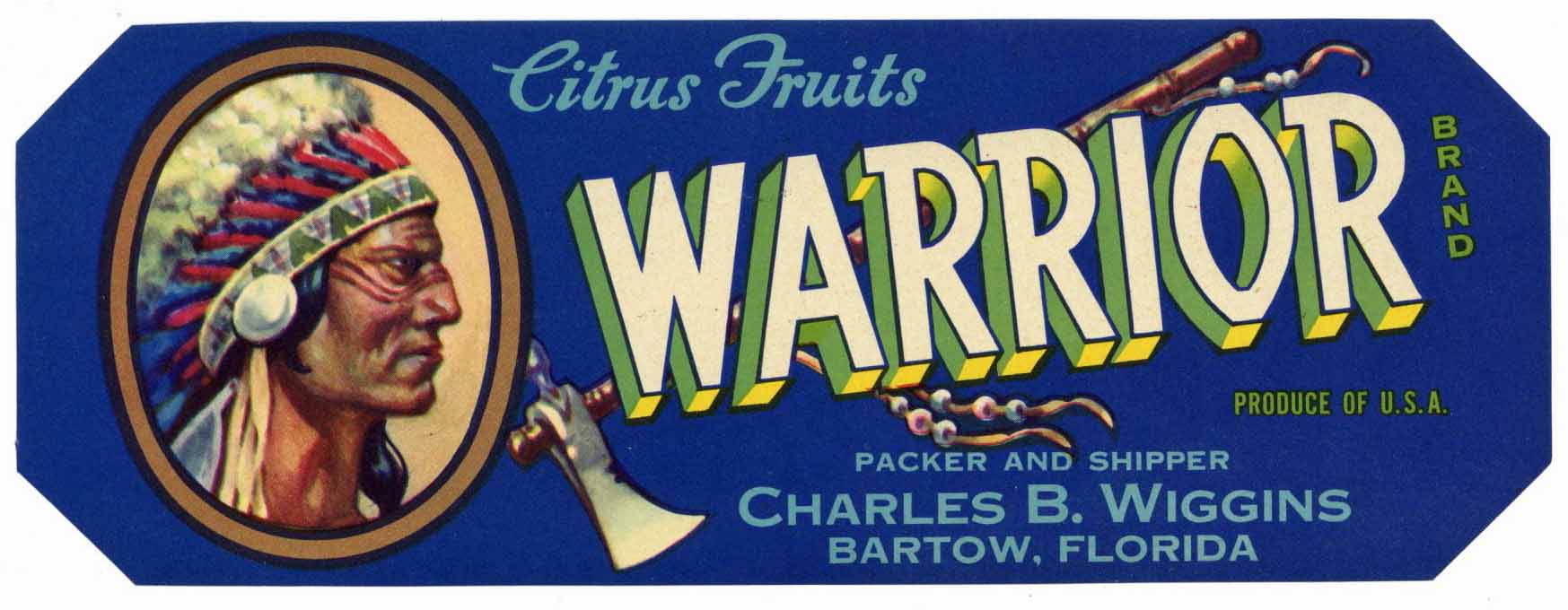 Warrior Brand Vintage Bartow Florida Citrus Crate Label