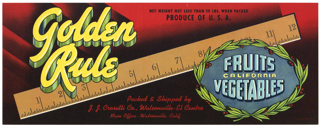 Golden Rule Brand Vintage Watsonville California Tomato Crate Label