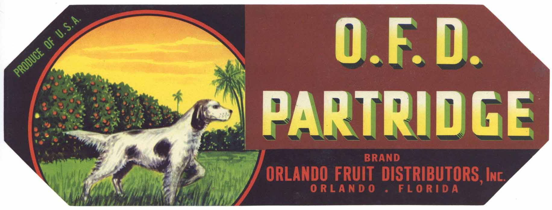 O.F.D. Partridge Brand Vintage Orlando Florida Citrus Crate Label