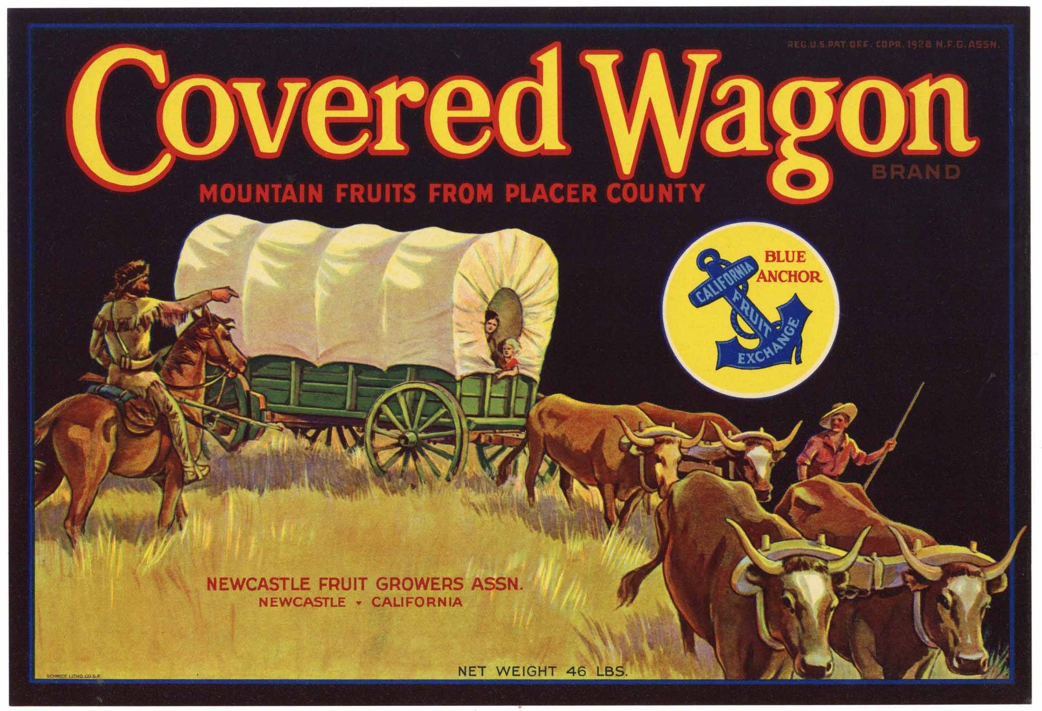 Covered Wagon Brand Vintage Newcastle California Pear Crate Label, 46lbs