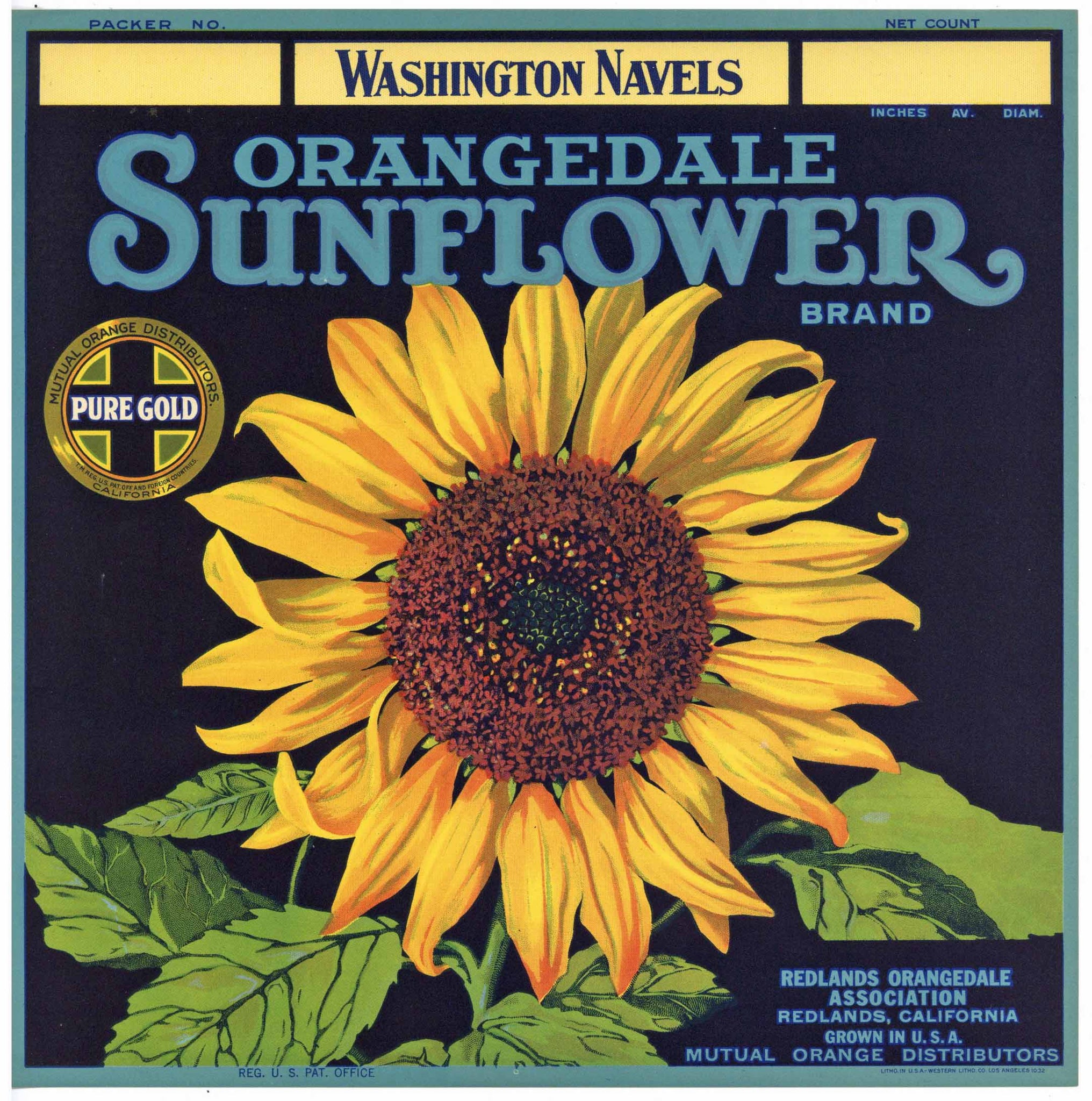 Sunflower Brand Vintage Redlands Orange Crate Label w