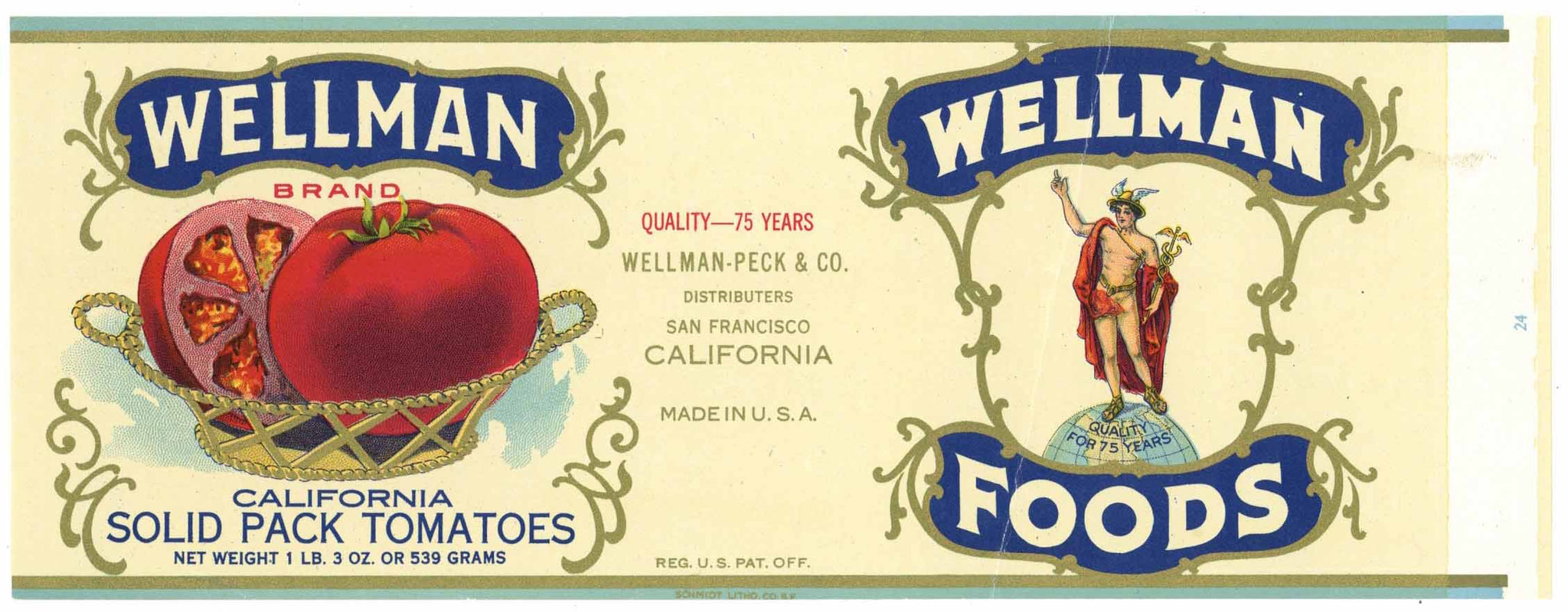 Wellman Brand Vintage San Francisco California Tomato Can Label