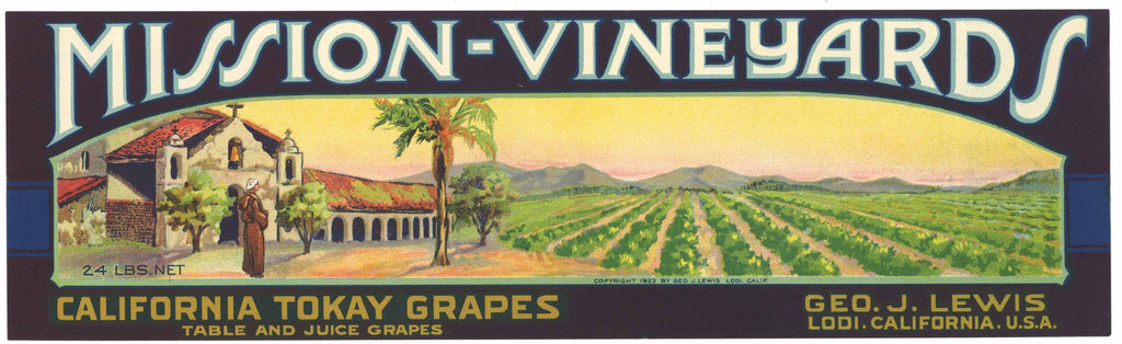 Mission Vineyard Brand Vintage Lodi Grape Crate Label