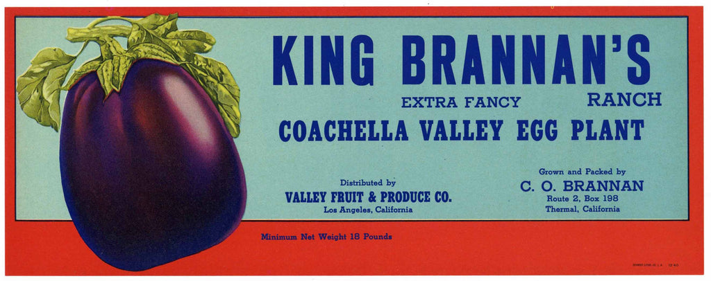 King Brannan's Brand Vintage Coachella Valley Egg Plant Crate Label