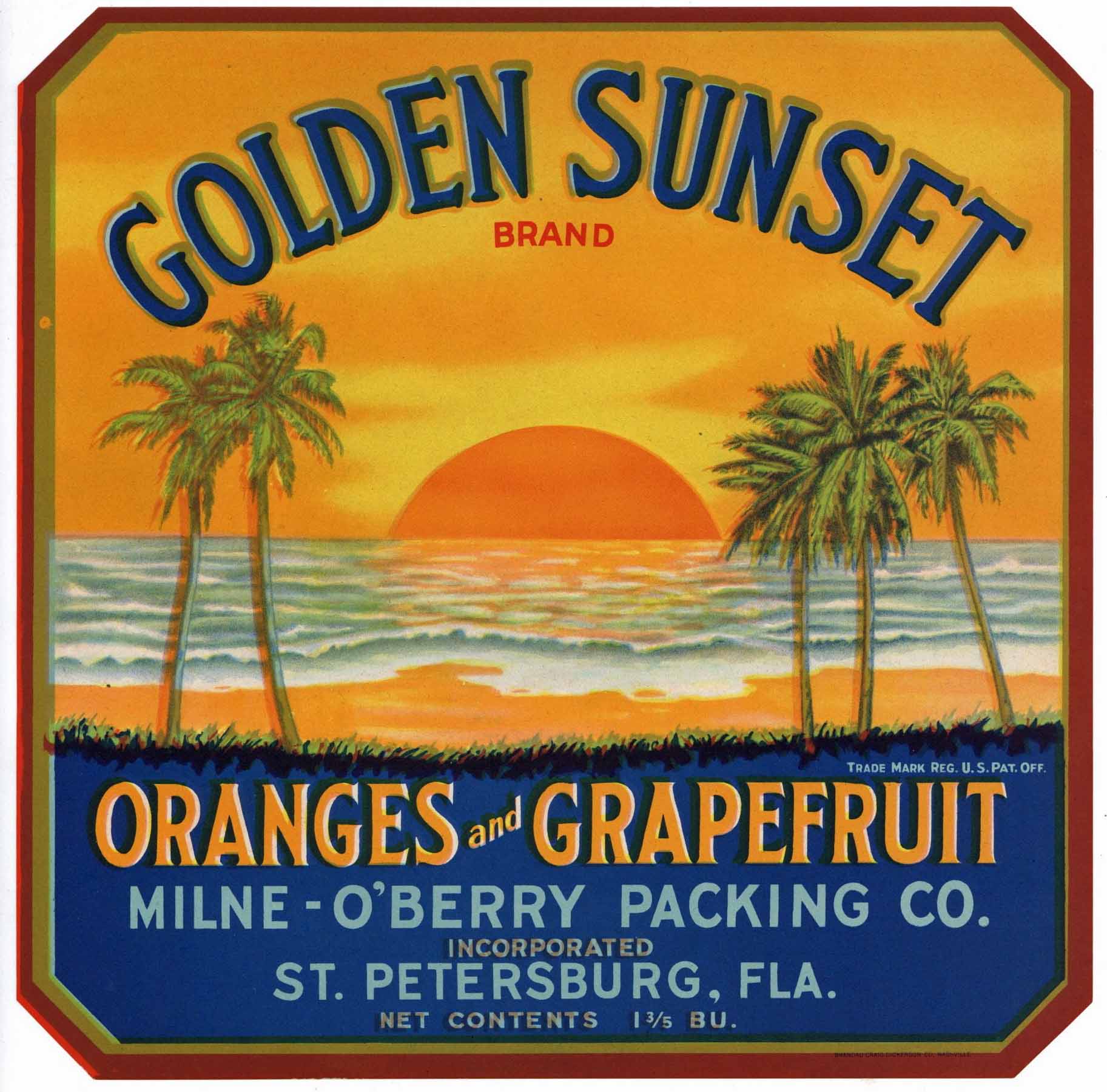 Golden Sunset Brand Vintage St. Petersburg Florida Citrus Crate Label