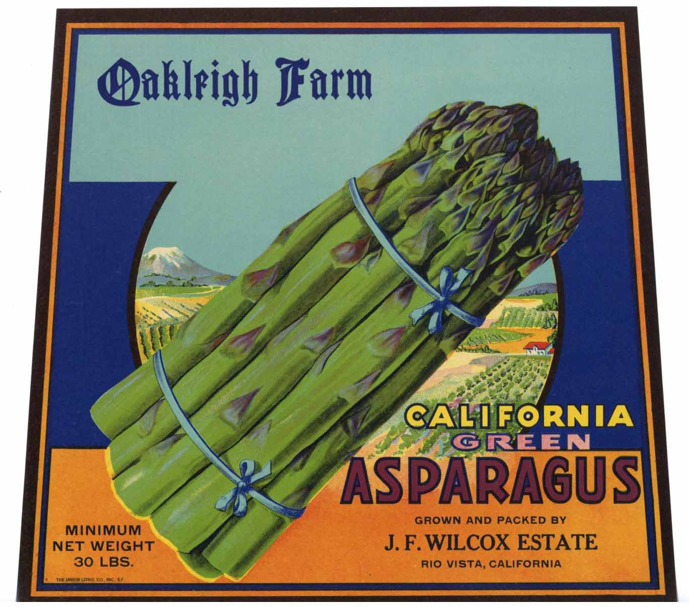 Oakleigh Farm Brand Vintage Sacramento Delta Asparagus Crate Label