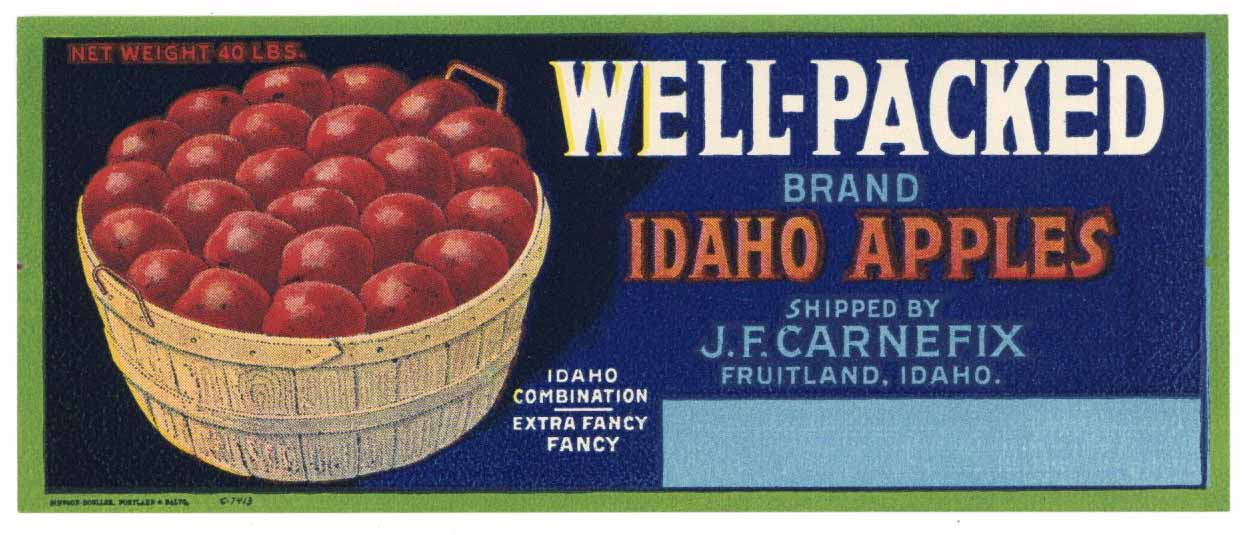 Well-Packed Brand Vintage Fruitland Idaho Apple Crate Label, small