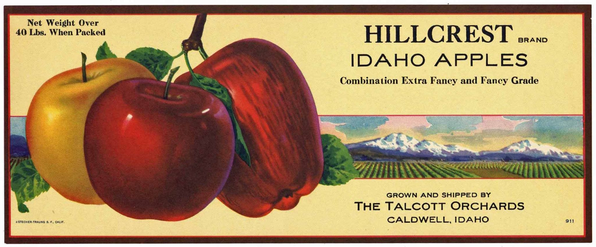 Hillcrest Brand Vintage Caldwell Idaho Apple Crate Label, yellow