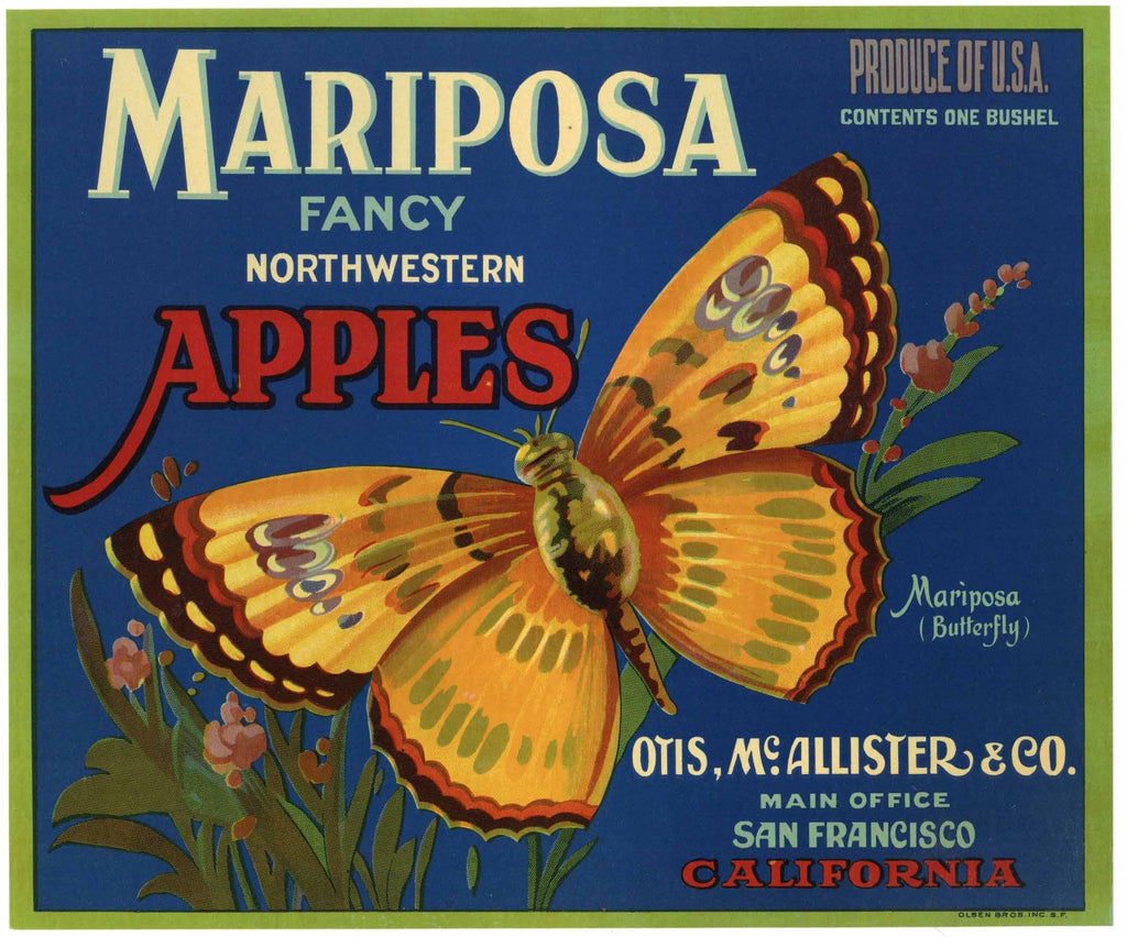 Mariposa Brand Vintage Apple Crate Label, Butterfly, Fancy