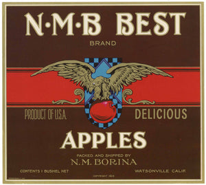 N M B Best Brand Vintage Watsonville Apple Crate Label, Delicious