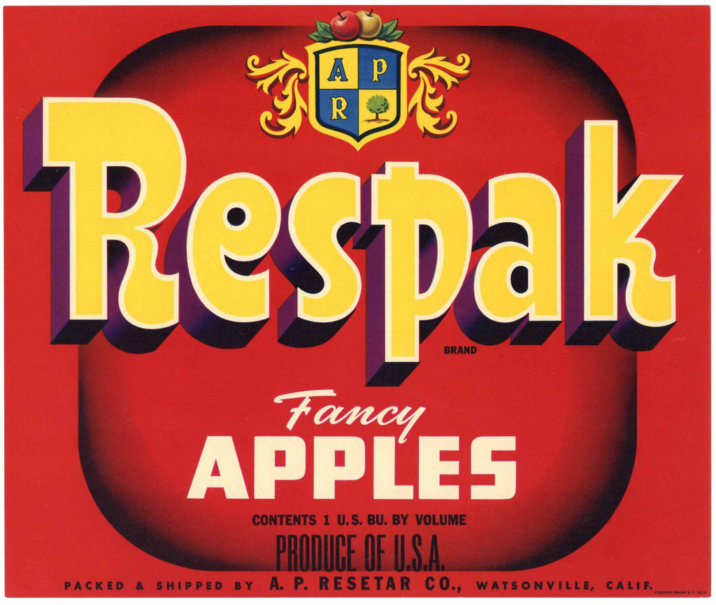 Respack Brand Vintage Watsonville California Apple Crate Label