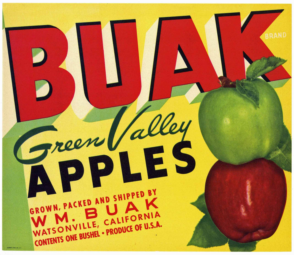 Buak Brand Vintage Watsonville Apple Crate Label