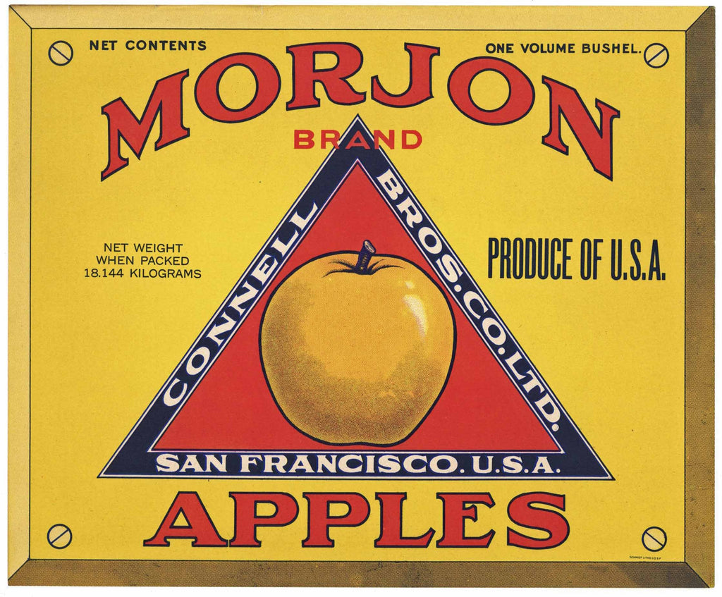 Morjon Brand Vintage Connell Bros. Apple Crate Label, yellow apple, red square