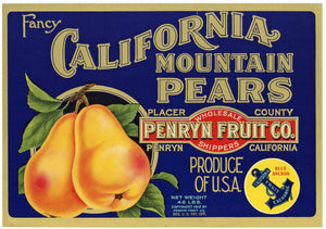 Penryn Fruit Co. Brand Vintage Placer County California Pear Crate Label