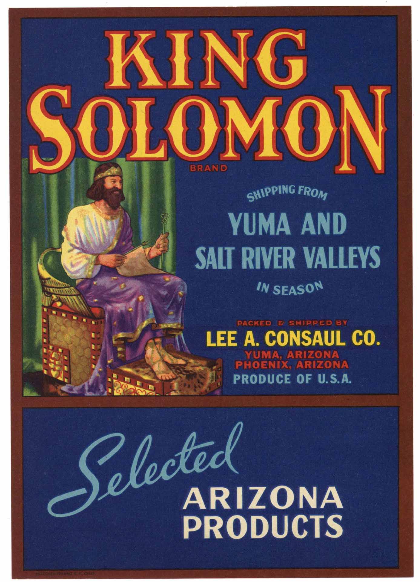 King Solomon Brand Vintage Phoenix Yuma Arizona Vegetable Crate Label