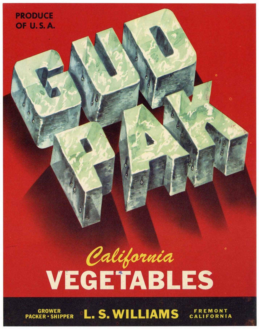 Gud Pak Brand Fremont, California Vegetable Crate Label