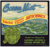 Ocean Mist Brand Vintage Castroville Vegetable Crate Label, Artichokes