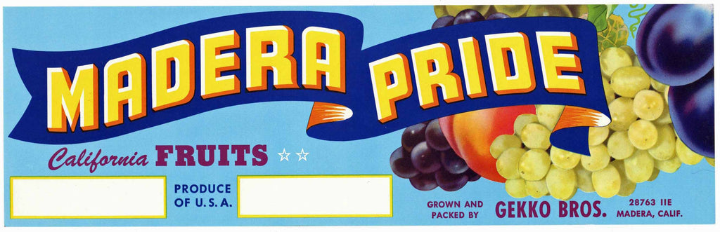Madera Pride Brand Vintage California Fruit Crate Label
