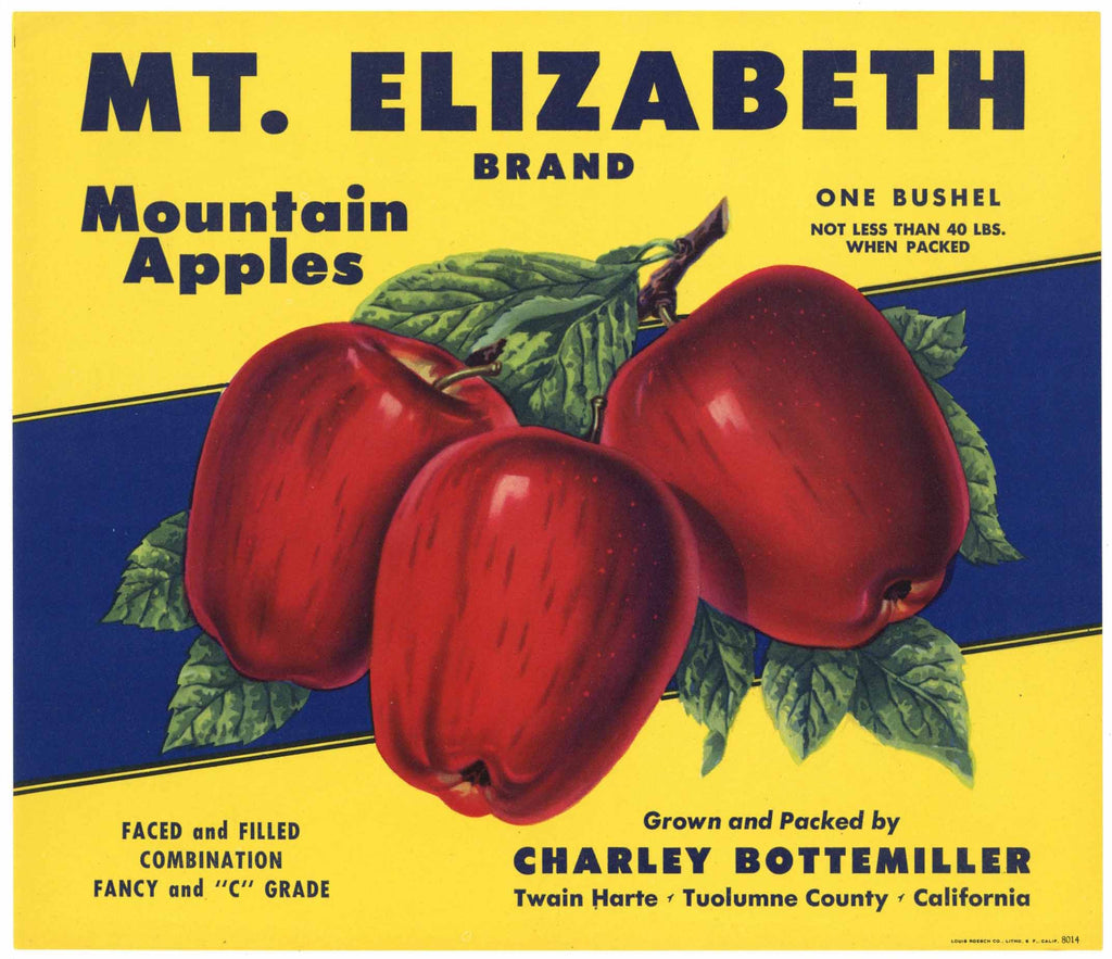 Mt. Elizabeth Brand Vintage Tuolumne County California Apple Crate Label