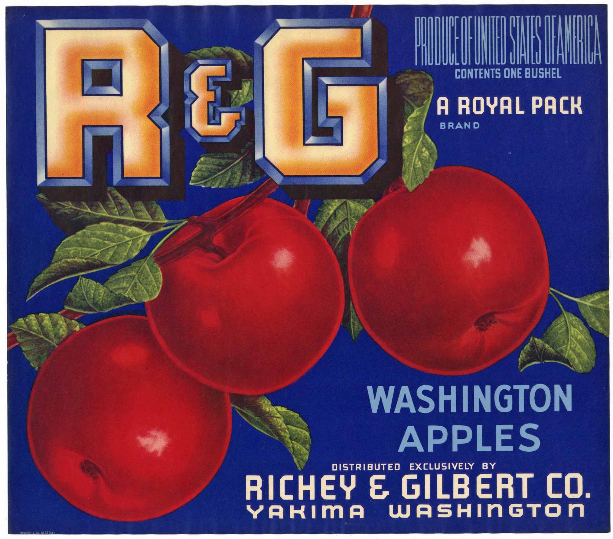 R & G Brand Vintage Yakima Washington Apple Crate Label, blue