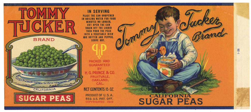 Tommy Tucker Brand Vintage Sugar Peas Can Label