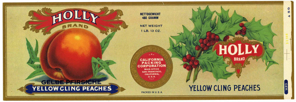 Holly Brand Vintage Peach Can Label, export label