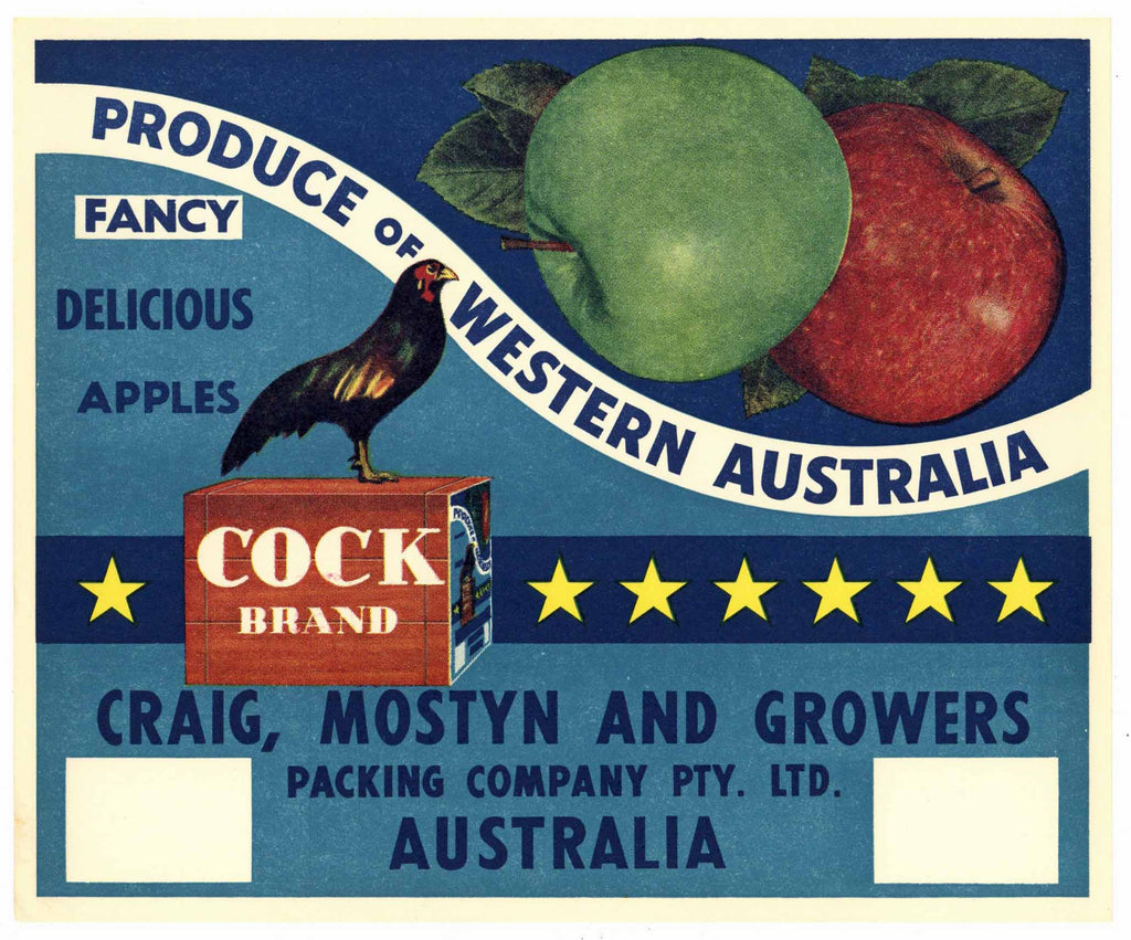 Cock Brand Tasmania Australia Apple Crate Label