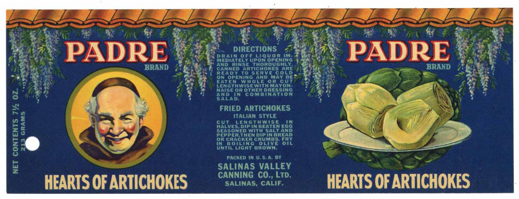 Padre Brand Vintage Salinas Artichoke Can Label, small