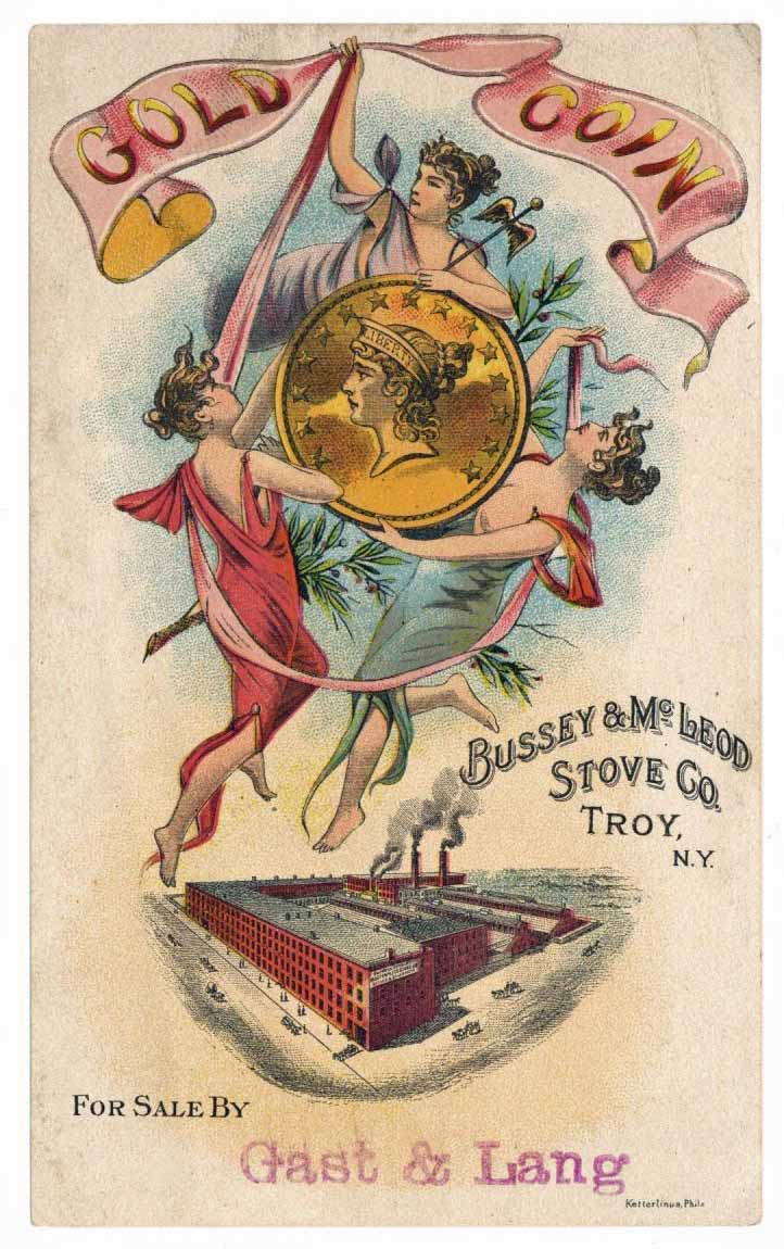 Victorian Trade Card, Gold Coin Stoves Troy New York