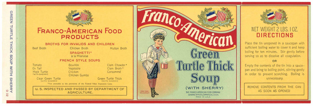 Frano American Brand Vintage Camden New Jersey Green Turtle Soup Can Label