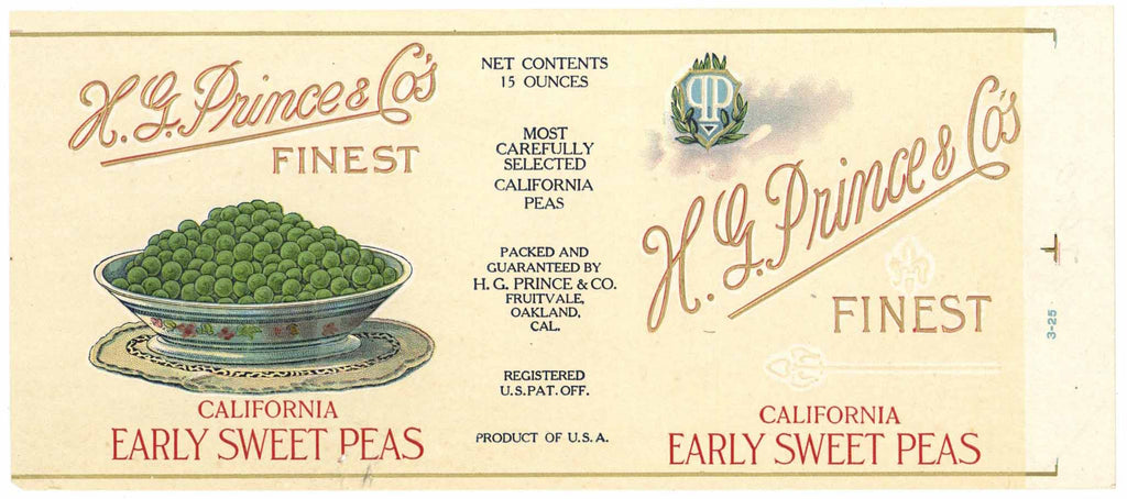 H. G. Prince & Co's Finest Brand Vintage Early Sweet Peas Can Label