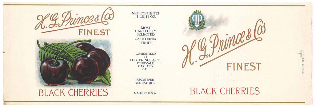 H. G. Prince & Co's Finest Brand Vintage Black Cherries Can Label