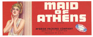 Maid Of Athens Brand Vintage Seville Florida Citrus Crate Label, s