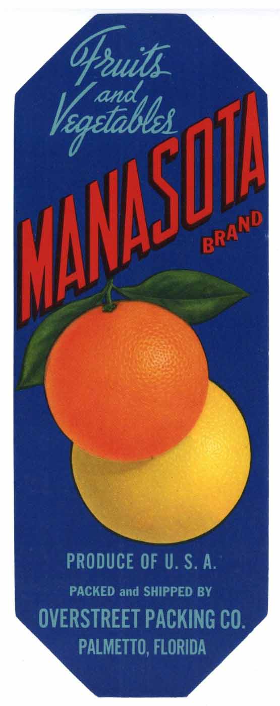 Manasota Brand Vintage Palmetto Florida Citrus Crate Label