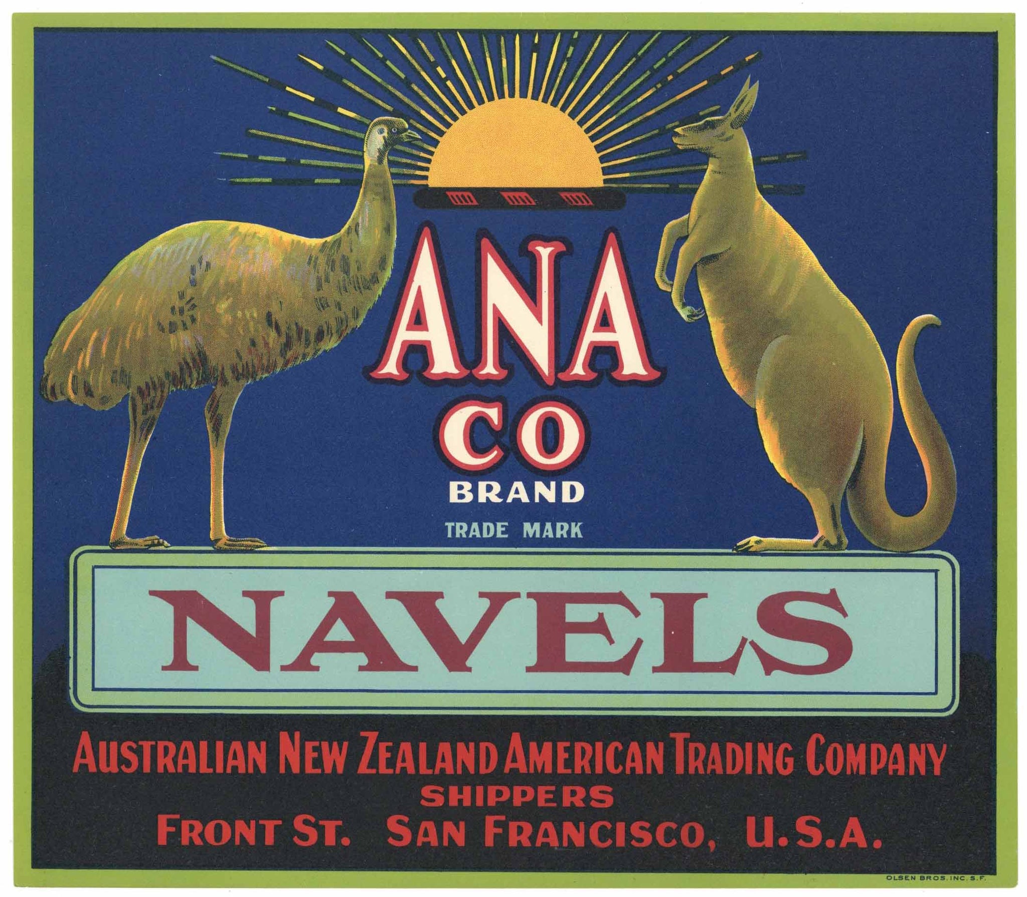 Ana Co. Brand Vintage Navel Orange Crate Label, Emu, Kangaroo, red