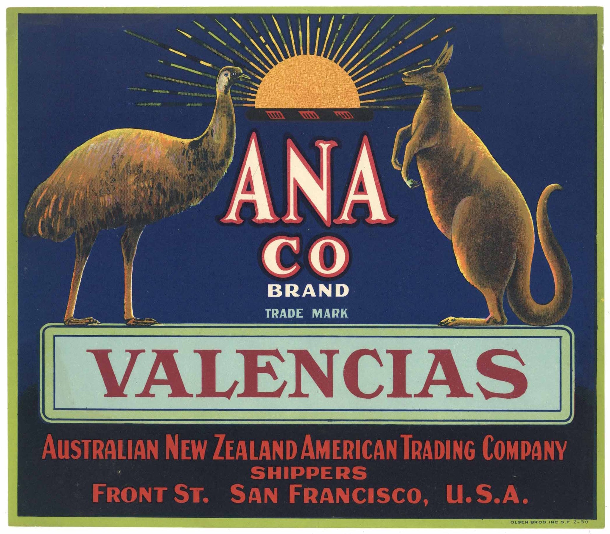 Ana Co. Brand Vintage Valencia Orange Crate Label, Emu, Kangaroo