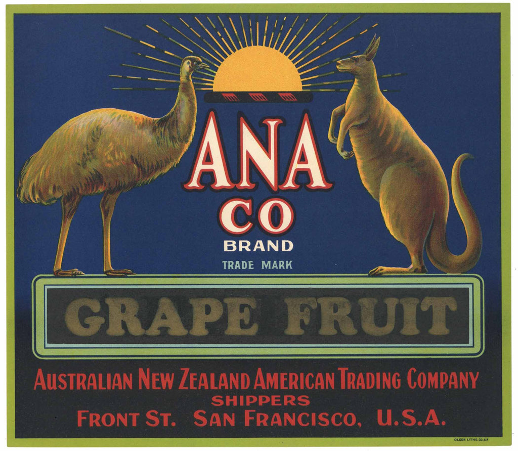 Ana Co. Brand Vintage Grapefruit Crate Label, Emu, Kangaroo
