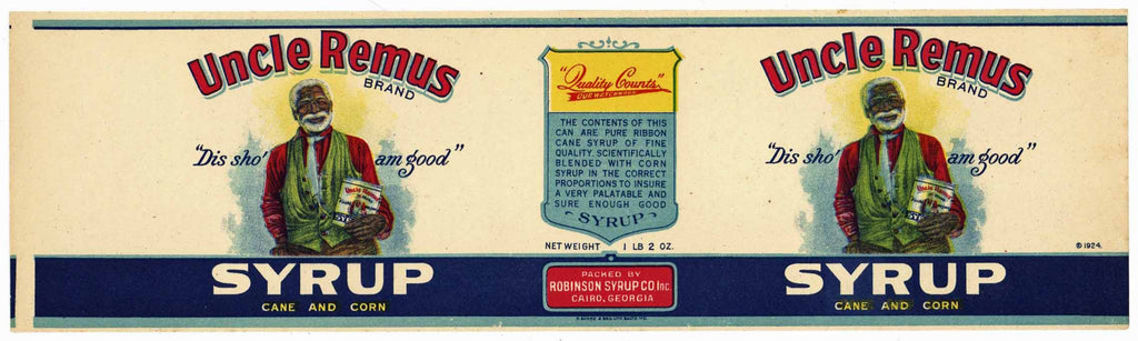 Uncle Remus Brand Vintage Cairo Georgia Syrup Can Label