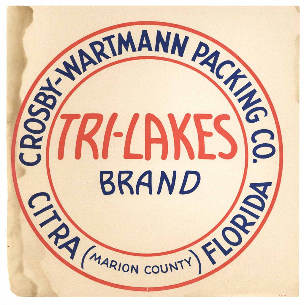 Tri-Lakes Brand Vintage Marioin County Florida Citrus Crate Label